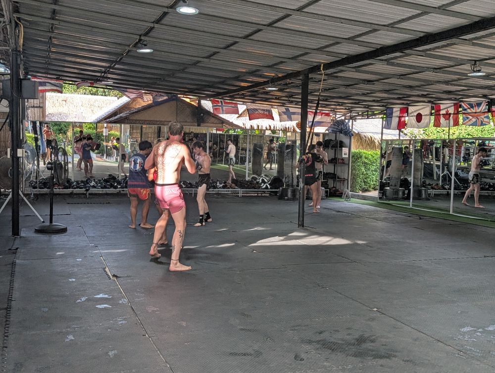 The main floor under a thatched roof, flags of everyone who has trained here